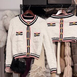 White Tweed Cropped Cardigan Suit